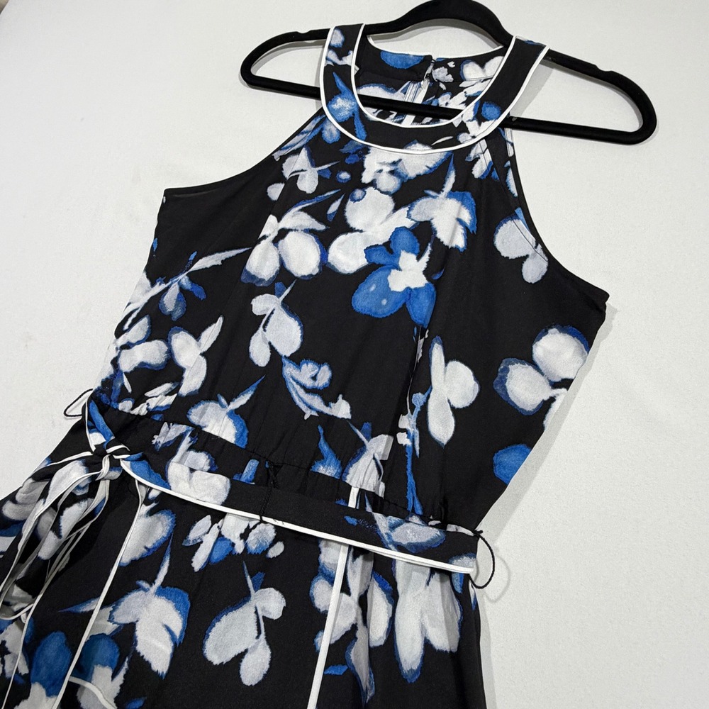 Calvin Klein Floral Maxi Dress Women M Black Blue Sleeveless Belted Summer Chic
